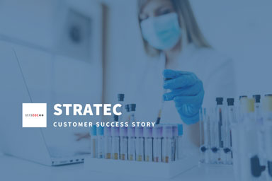 STRATEC customer success story featuring a laboratory technician handling test tubes in a medical lab