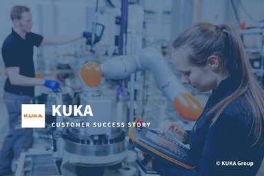 KUKA customer success story featuring engineers operating collaborative robots in a manufacturing facility